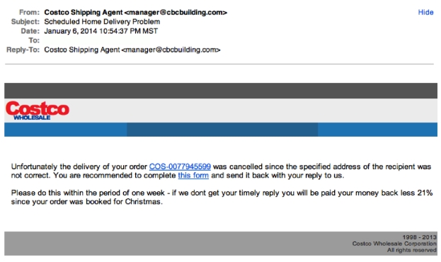 Example of Phishing Email from Costco