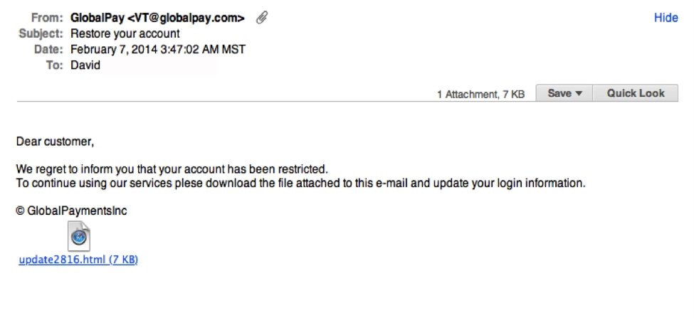 Screenshot einer Phishing-Mail, die den Nutzer informiert, sein Account sei gesperrt worden und er müsse einen E-Mail-Anhang öffnen, um ihn wiederherzustellen.