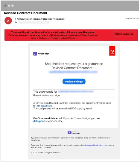 Malicious email from Adobe Sign received by a Proofpoint customer