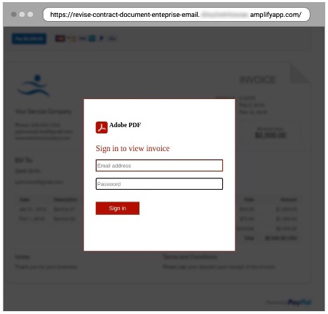The fake login page hosted on amplifyapp.com to get the user to log in