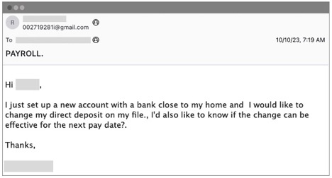 Payroll diversion fraud email