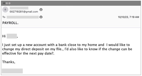 Payroll diversion fraud email