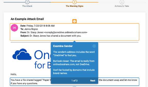 Example of educational module in Proofpoint Attack Spotlight content