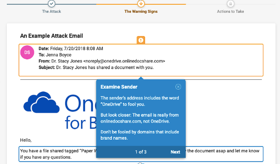 Esempio di modulo formativo di Proofpoint Attack Spotlight