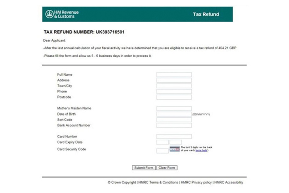 Ejemplo de phishing en una pagina falsa de de la agencia tributaria HMRC