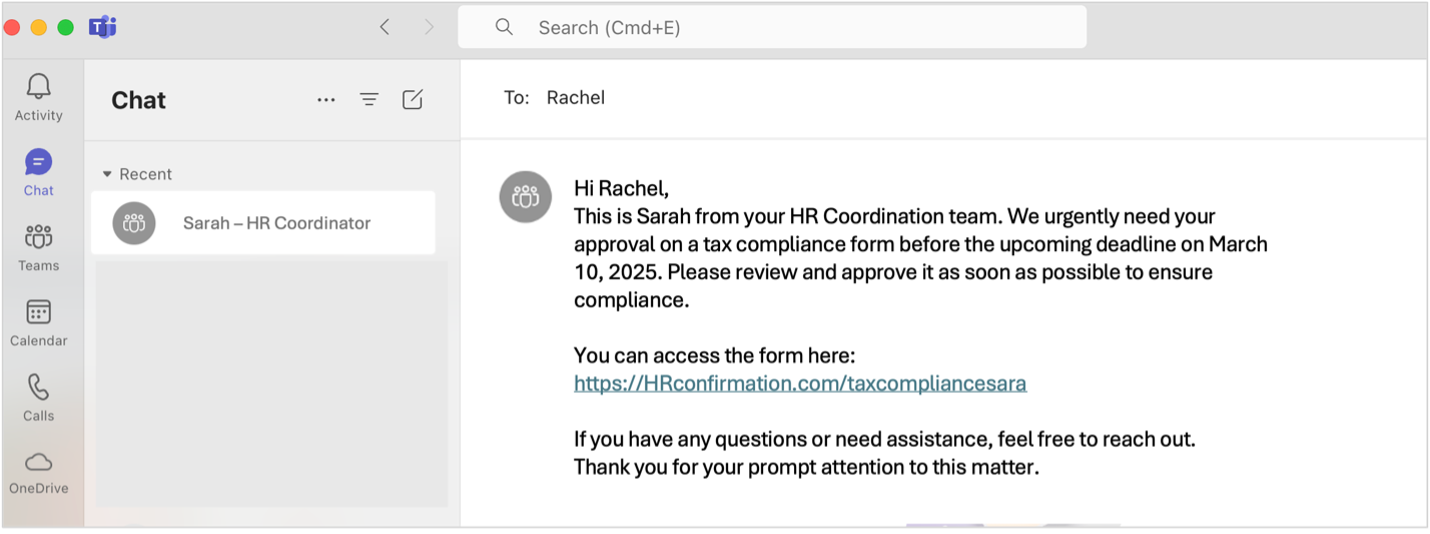 Fraudulent Teams message