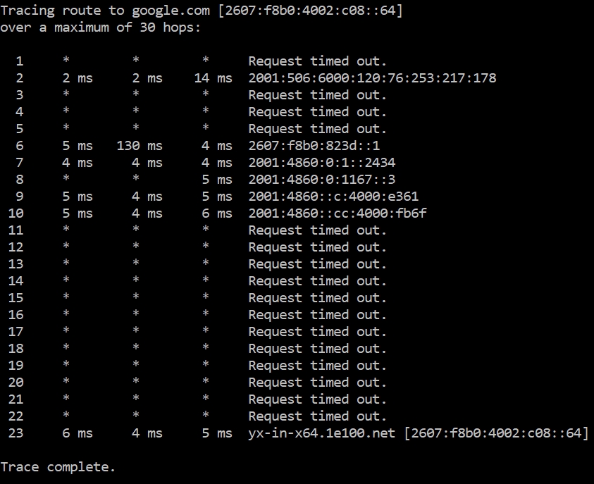 Screenshot des Tracert-Befehls im Terminal.