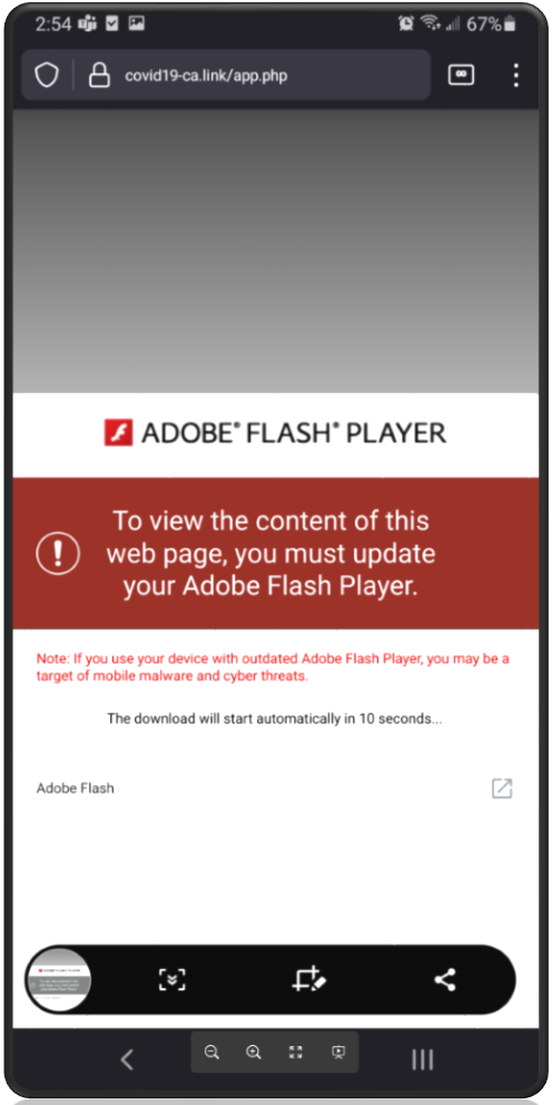 Ejemplo de página de actualización fraudulenta de Adobe Flash utilizada para TangleBot.