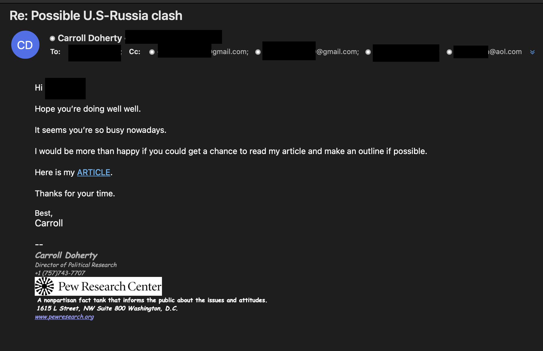TA453 email with document titled The possible US-Russia clash.docx