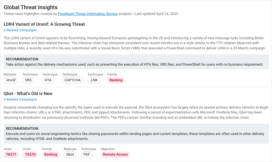 Global Threat Insights in the TAP Threat Intelligence Summary showing latest threats along with explanation