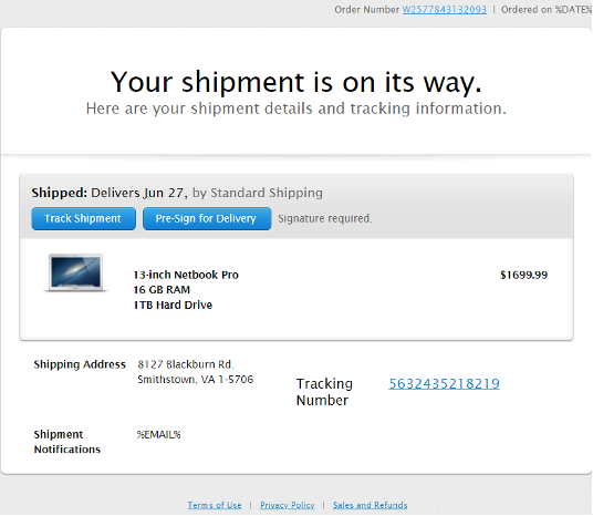 Phishing Scam in the Form of a Shipping Order from Apple