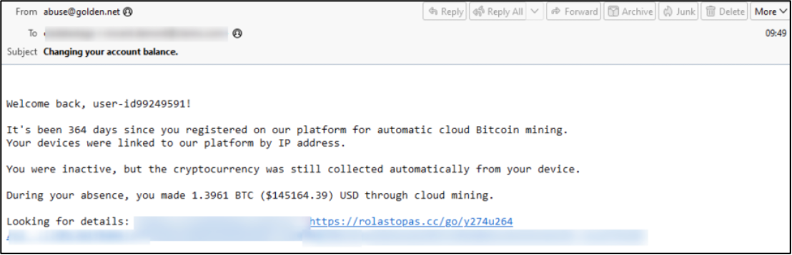 Phishing email lure claiming the recipient had accumulated a significant Bitcoin balance