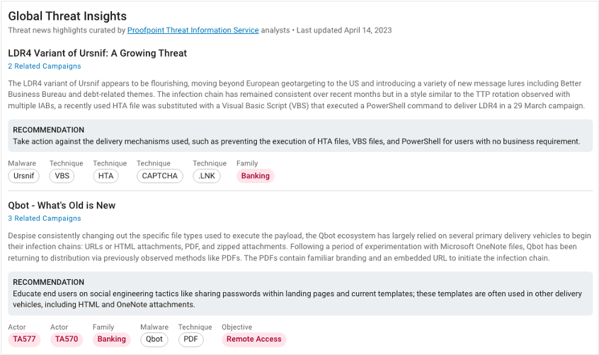 Example of how Global Threat Insights are displayed in the TAP Threat Intelligence Summary