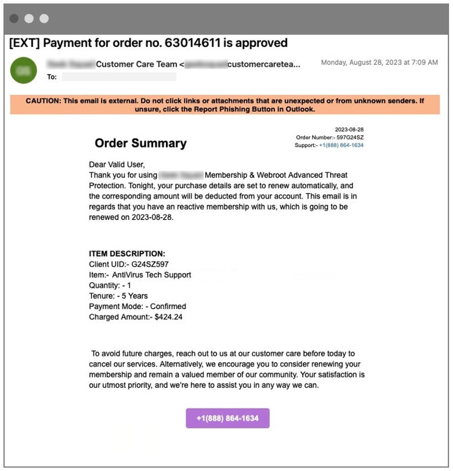 Deceptive message from tech company with a phone number at the bottom