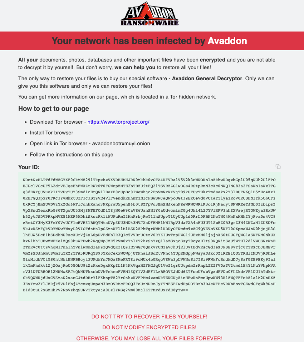 Avaddon ransomware infection message