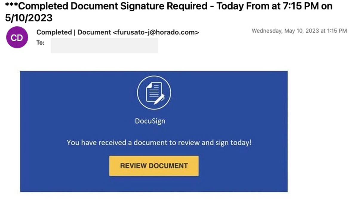 Screenshot der gefälschten E-Mail, die um Unterzeichnung eines DocuSign-Dokuments bittet.
