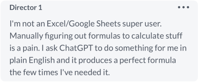 Forum answer on how a director uses generative AI for excel formulas