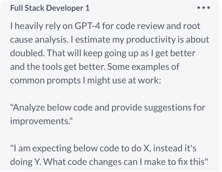 Forum answer on how a developer uses generative AI for code review