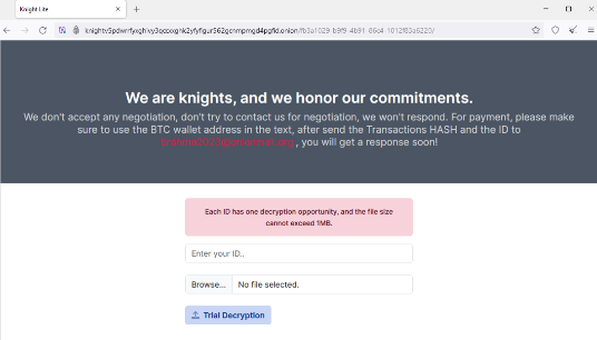 Knight ransomware delivery Tor webpage