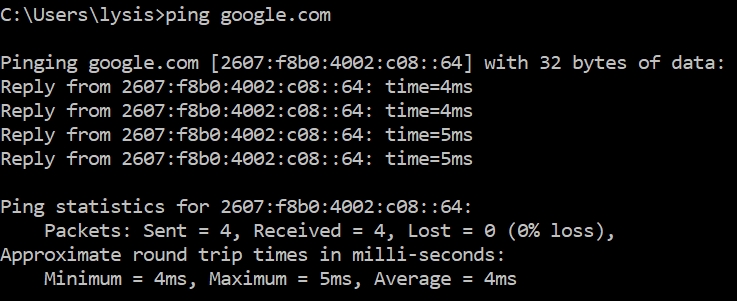 Des Ping-Befehl für google.com ergibt 0% Packet Loss.