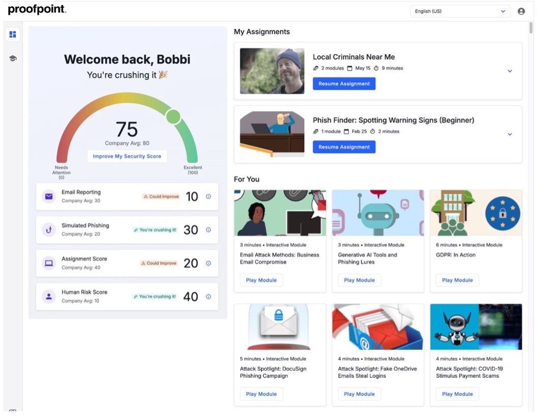 Proofpoint personalized Learner Dashboard