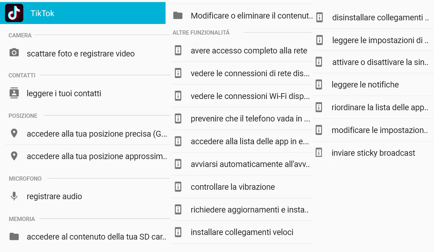 Lista dei permessi richiesti da TikTok su Android