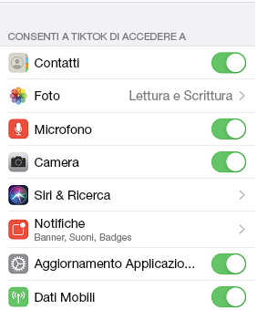 Lista dei permessi richiesti da TikTok su iOS