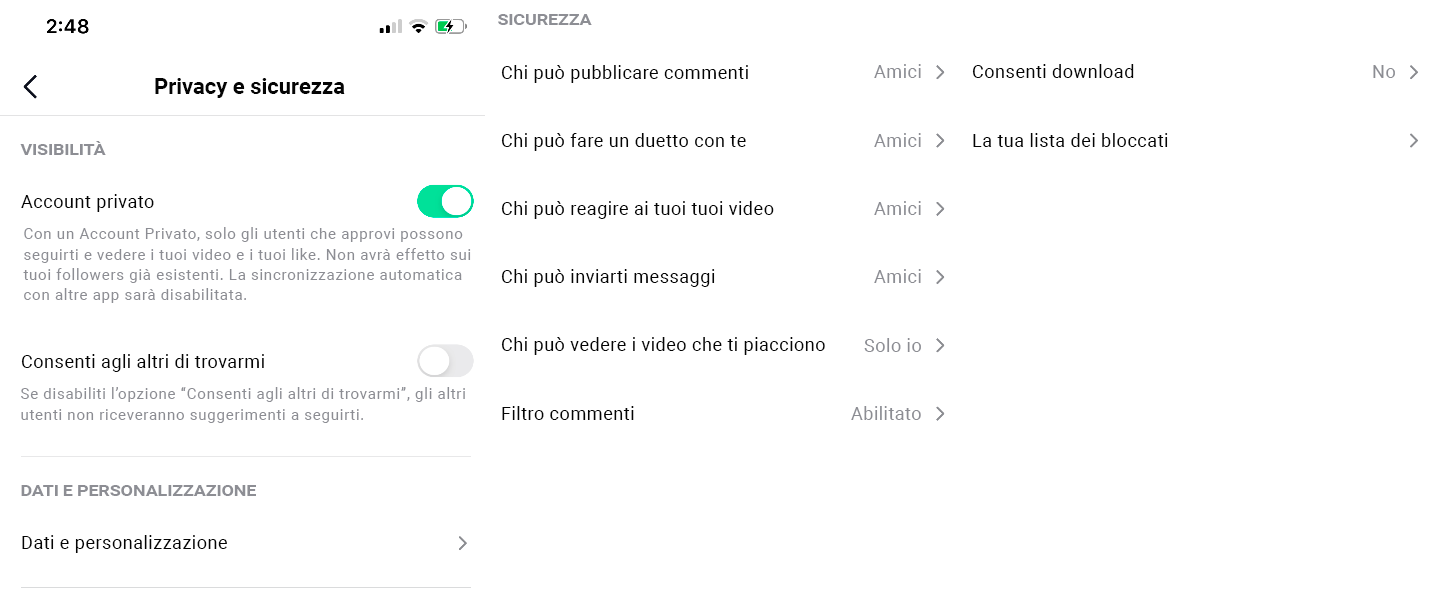  Lista delle impostazioni privacy di TikTok