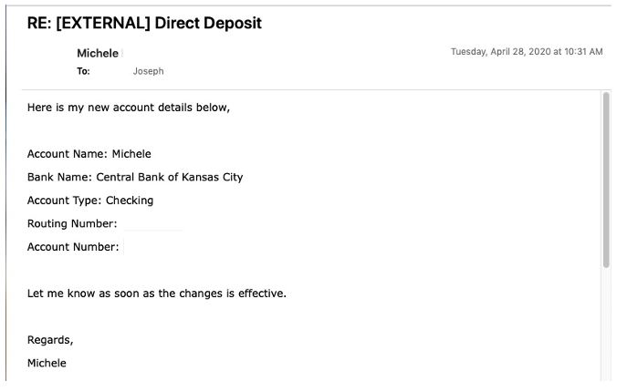 False Email Requesting Changes for BEC Payroll Diversion Attack