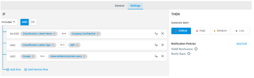 Sample data exfiltration rule with MIP classification label and user group at a critical level