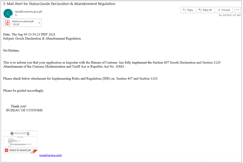 Email purporting to be a Bureau of Customs declaration