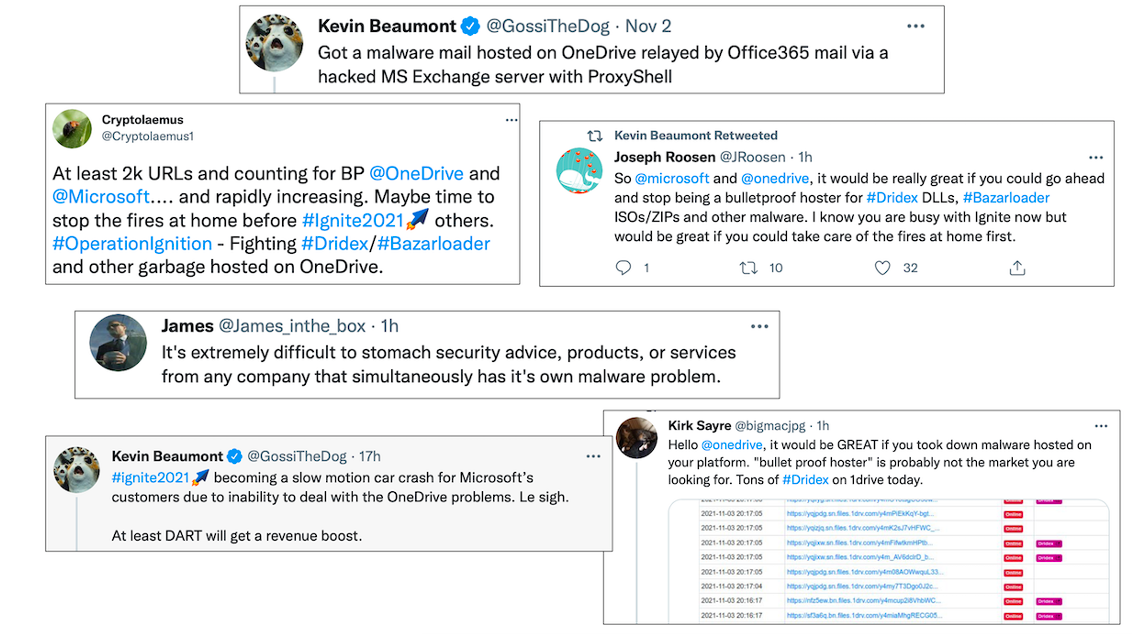 Tweet che fanno riferimento a servizi Microsoft come OneDrive che ospitano malware di tipo ransomware
