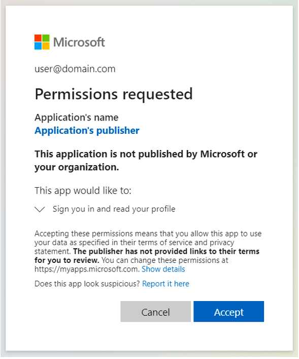 Microsoft login screen, permissions required