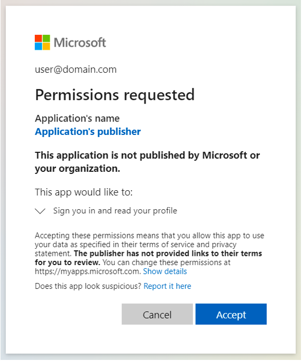 Tela de login da Microsoft, permissões necessárias