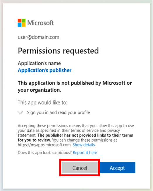 Permissões da Microsoft solicitadas tela de consentimento