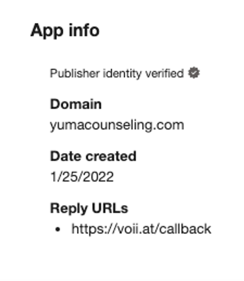 Malicious Verified Publisher impersonating Yuma Counseling Services during the OiVaVoii campaign