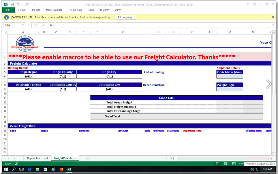 Functional Freight Calculator That Delivers Dridex Malware