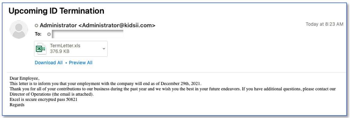 Email Informing Employee of Termination Used as Part of a Social Engineering Attack