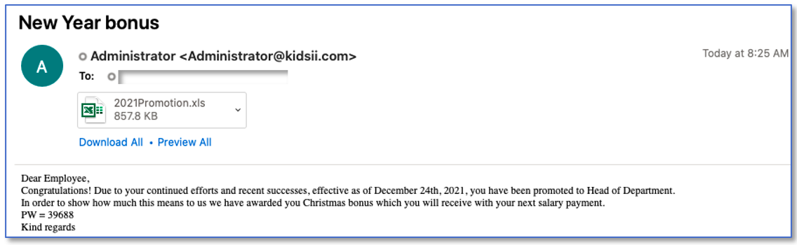 Email Informing Employee of a Bonus Used as Part of a Social Engineering Attack