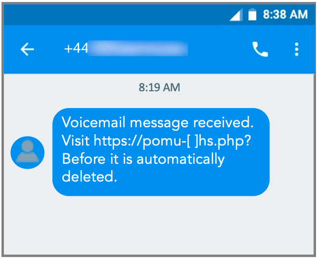 Ejemplo de un mensaje de voz falso, usado para distribuir FluBot.