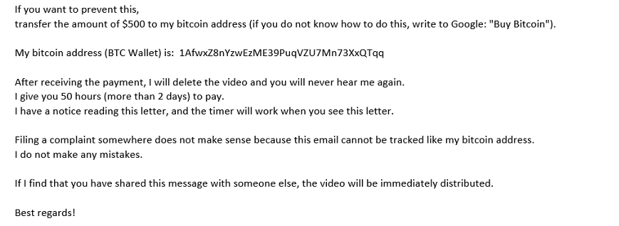 Cryptocurrency Attack Extortion Email Asking for $500 in Bitcoin