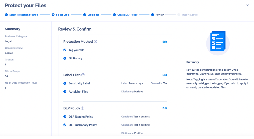 Information Classification Dashboard - Review & Confirm Screen