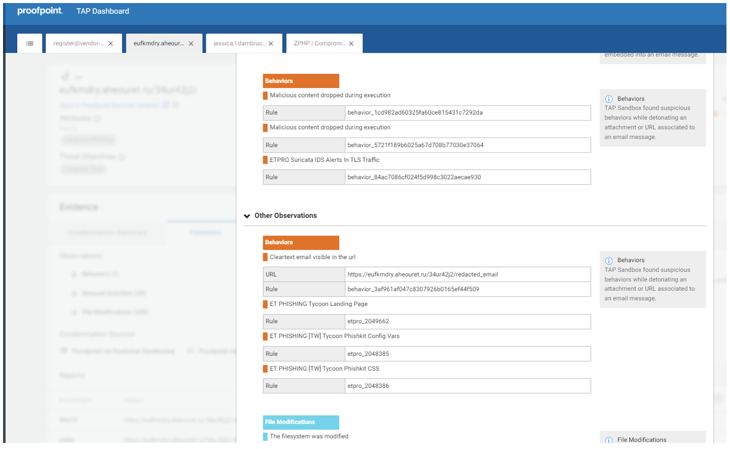 Forensics Snapshot showcasing our ET Rules which detect the Tycoon Landing Pages 