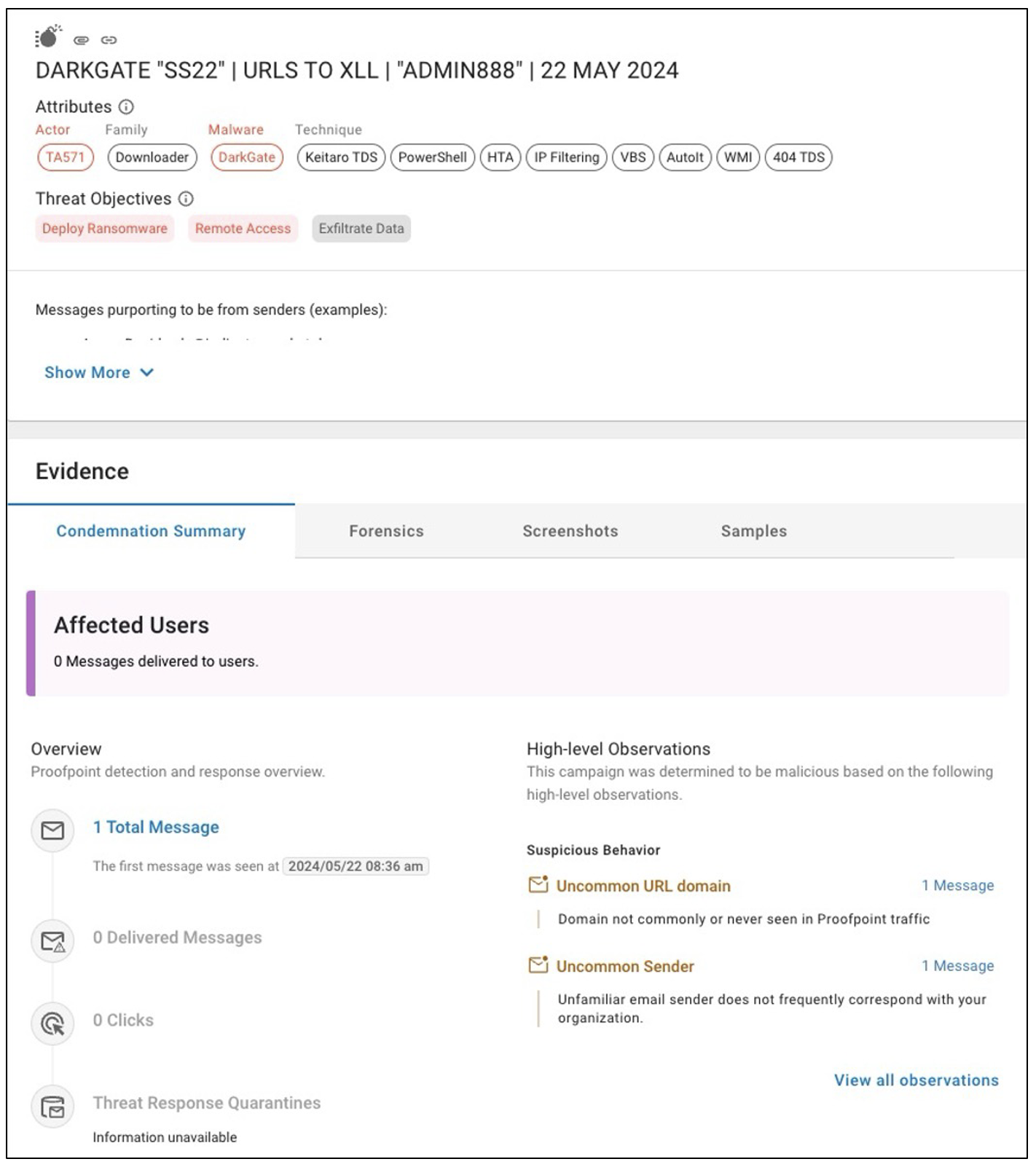 A condemnation summary that outlines the signals Proofpoint detected to block this threat.