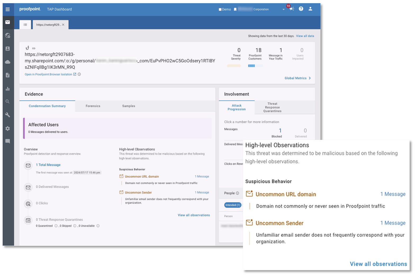 High-level observations in the Proofpoint TAP Dashboard explaining our behavioural analysis and why we deemed the threat to be malicious.