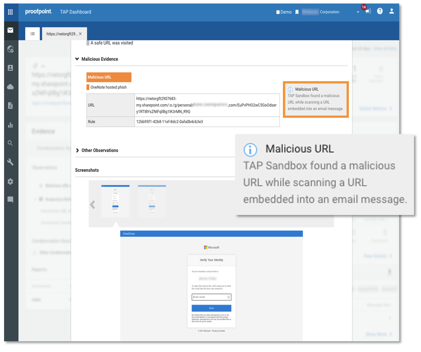 Indicators of compromise and forensics from the threat in TAP Dashboard noting a malicious URL in the SharePoint file.