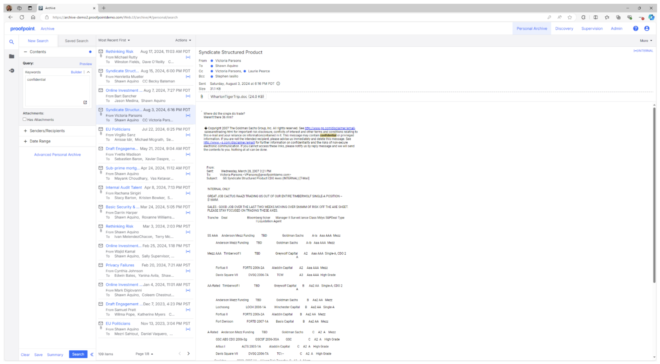 Hinzufügen eines Suchbegriffs, um die Ergebnisse der Personal Archive-Suche in Proofpoint Archive weiter einzugrenzen.