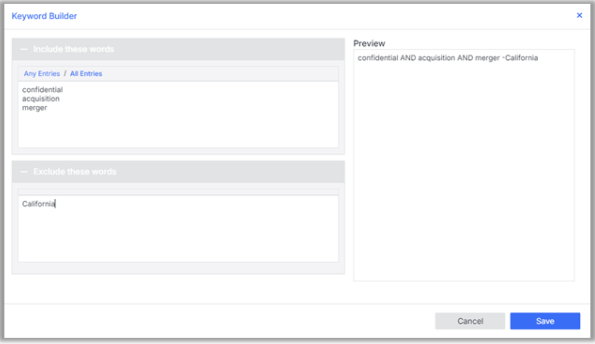 Konfigurieren der Suche mit mehreren Wörtern im Keyword Builder.