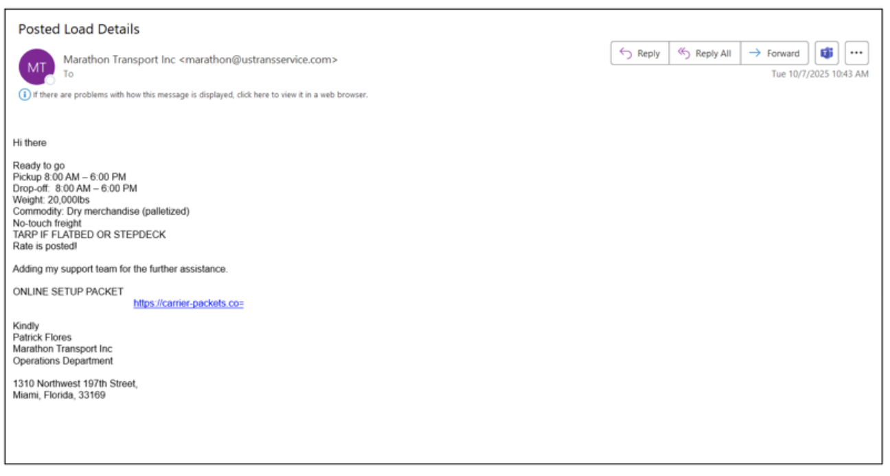 Email sent to a carrier responding to a fraudulent load posted on a load board. 